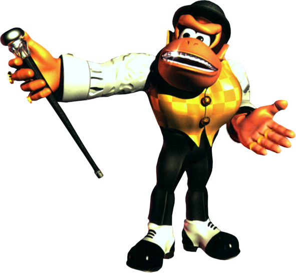 Swanky Kong from Donkey Kong Country 3, in a checked yellow vest and bowler hat, holding a cane